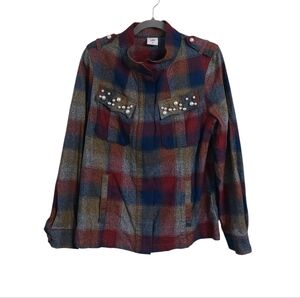 CAbi Red and Blue Plaid Utility Jacket with Embellished Pockets